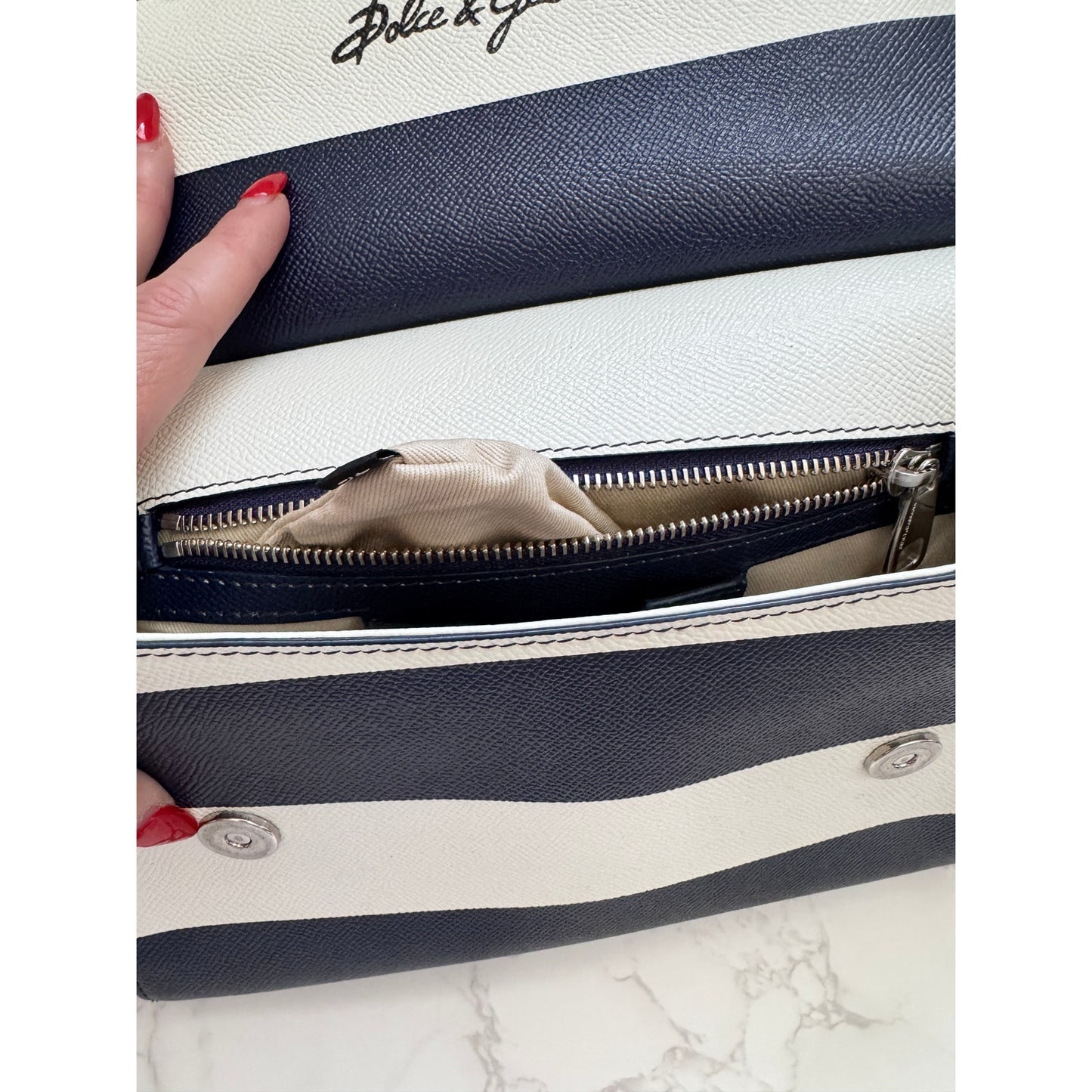 Dolce & Gabbana Siciy Striped Dauphine Leather Bag -  Navy/White