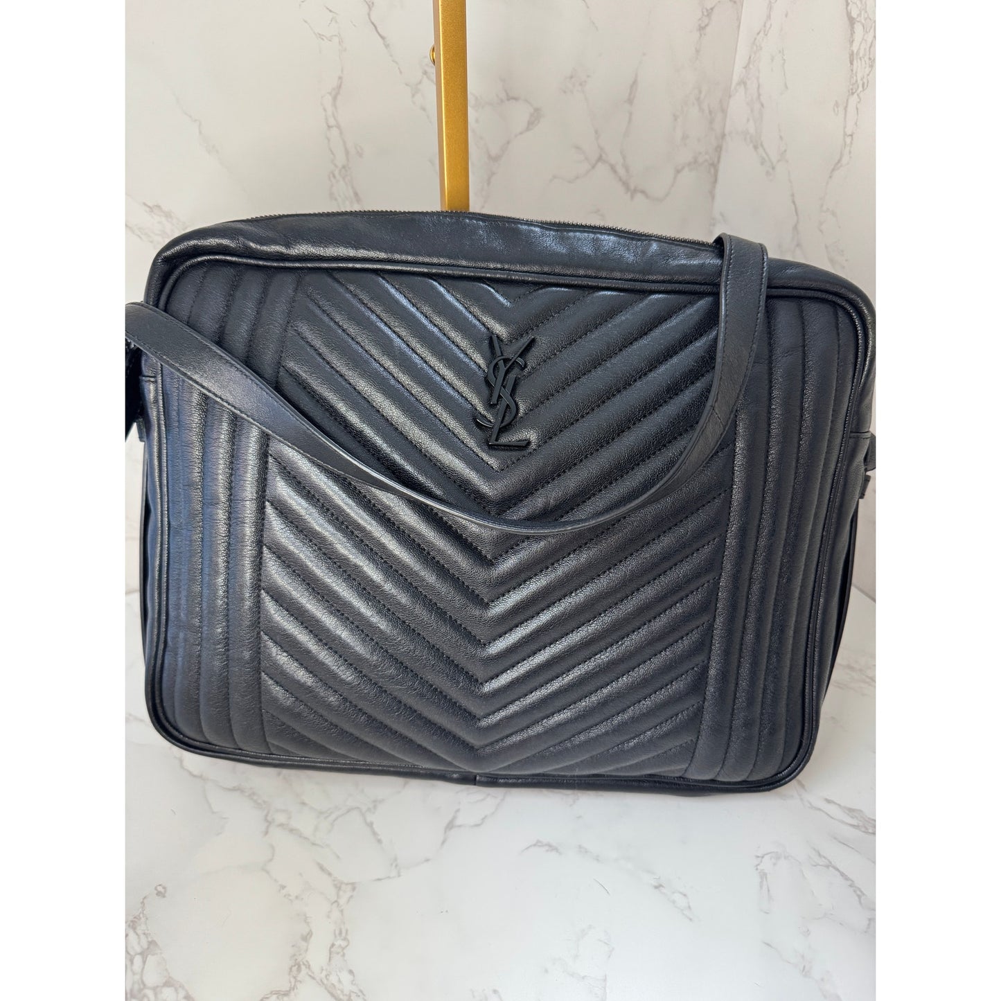 Yves Saint Laurent Large Lou Camera Bag in Black Chevron Calfskin